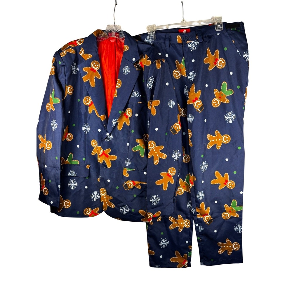 Dec 25th Mens Gingerbread Man Christmas Suit Navy Blue Blazer Pants Set Large